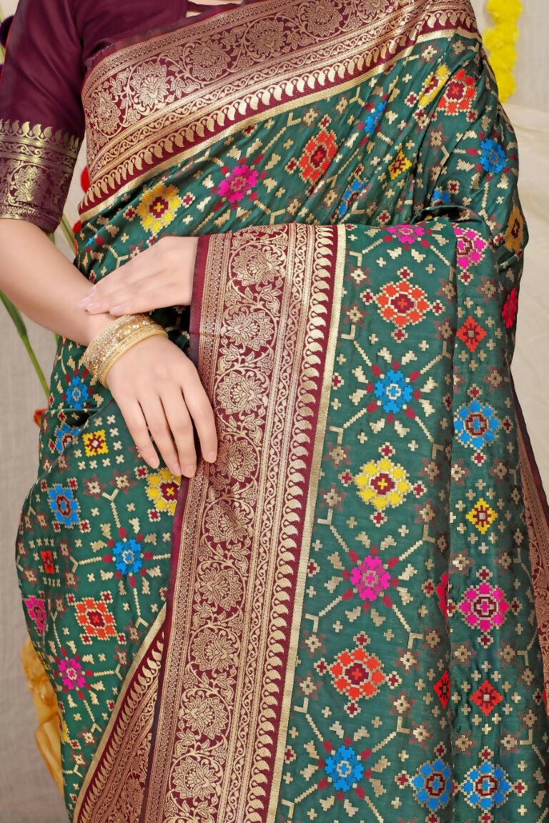 Jyoti Fashion Women's Bottle Green Patola Silk Zari Woven Saree with Blouse - Distacart