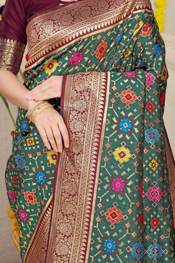 Jyoti Fashion Women's Bottle Green Patola Silk Zari Woven Saree with Blouse - Distacart