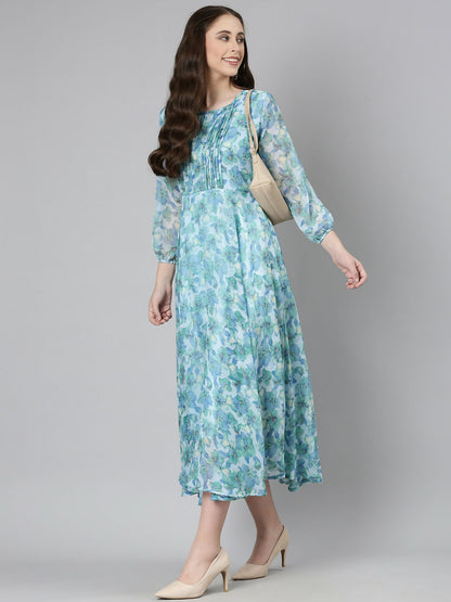 Souchii Blue Floral Chiffon Maxi Dress - Dista