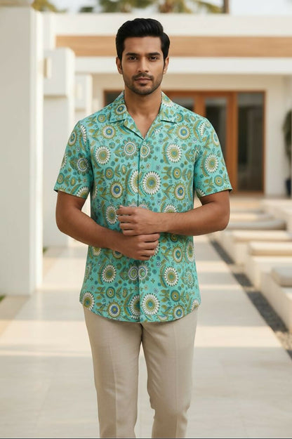 Medallion — Teal Ajrakh Cotton Shirt by Hilo Design - Dista