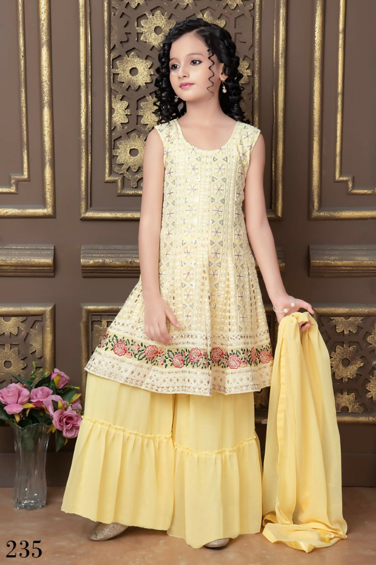 Kids Wedding Designer Yellow Faux Georgette Sharara Suit - Aaradhna - Distacart