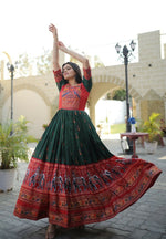 Thumbnail for Jyoti Fashion Women's Bottle Green Patola with Foil Print Dola Silk Anarkali Dress - Distacart
