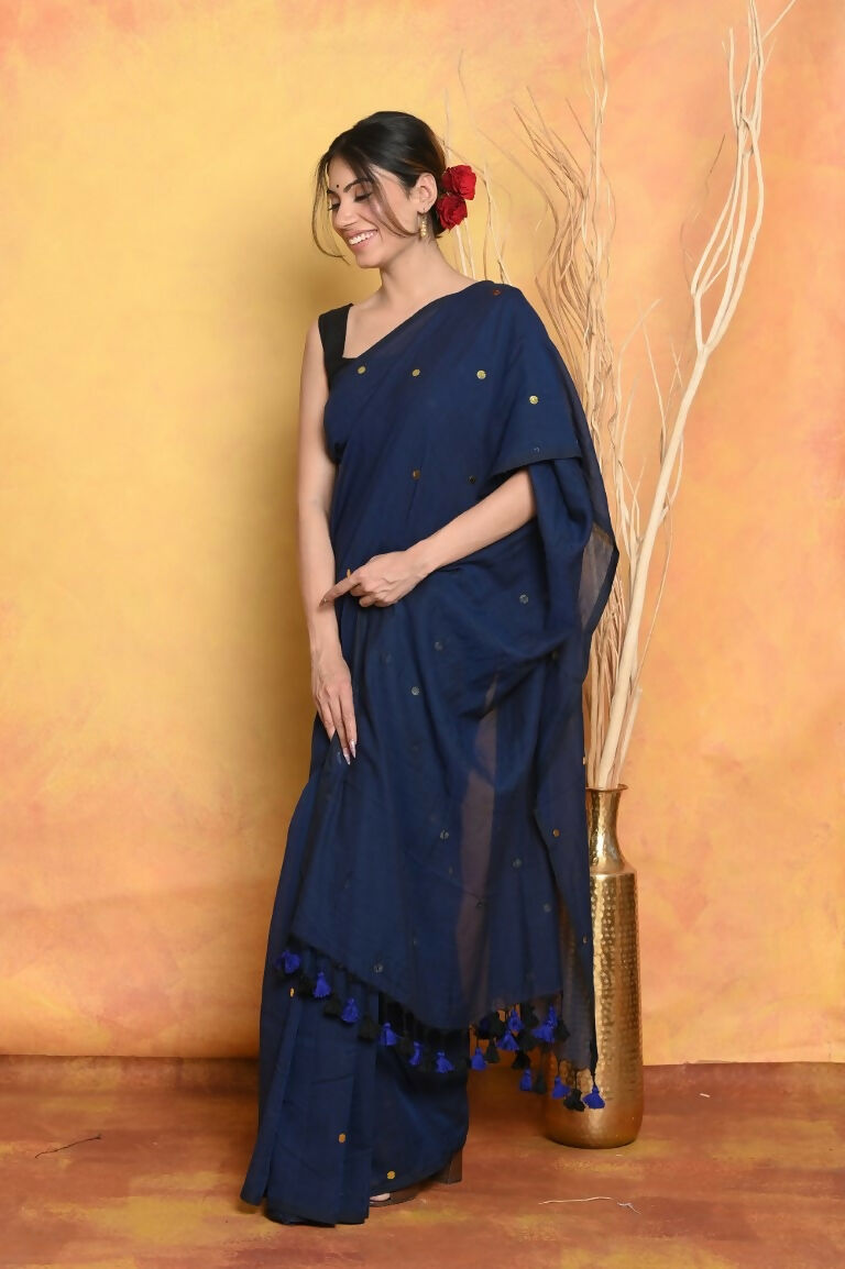 Very Much Indian Pure Mul Cotton Handloom Saree - Dark Blue - Distacart