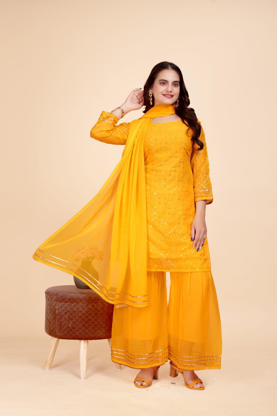 Women's A-Line Yellow Kurta and Sharara With Dupatta Set - A2M - Distacart