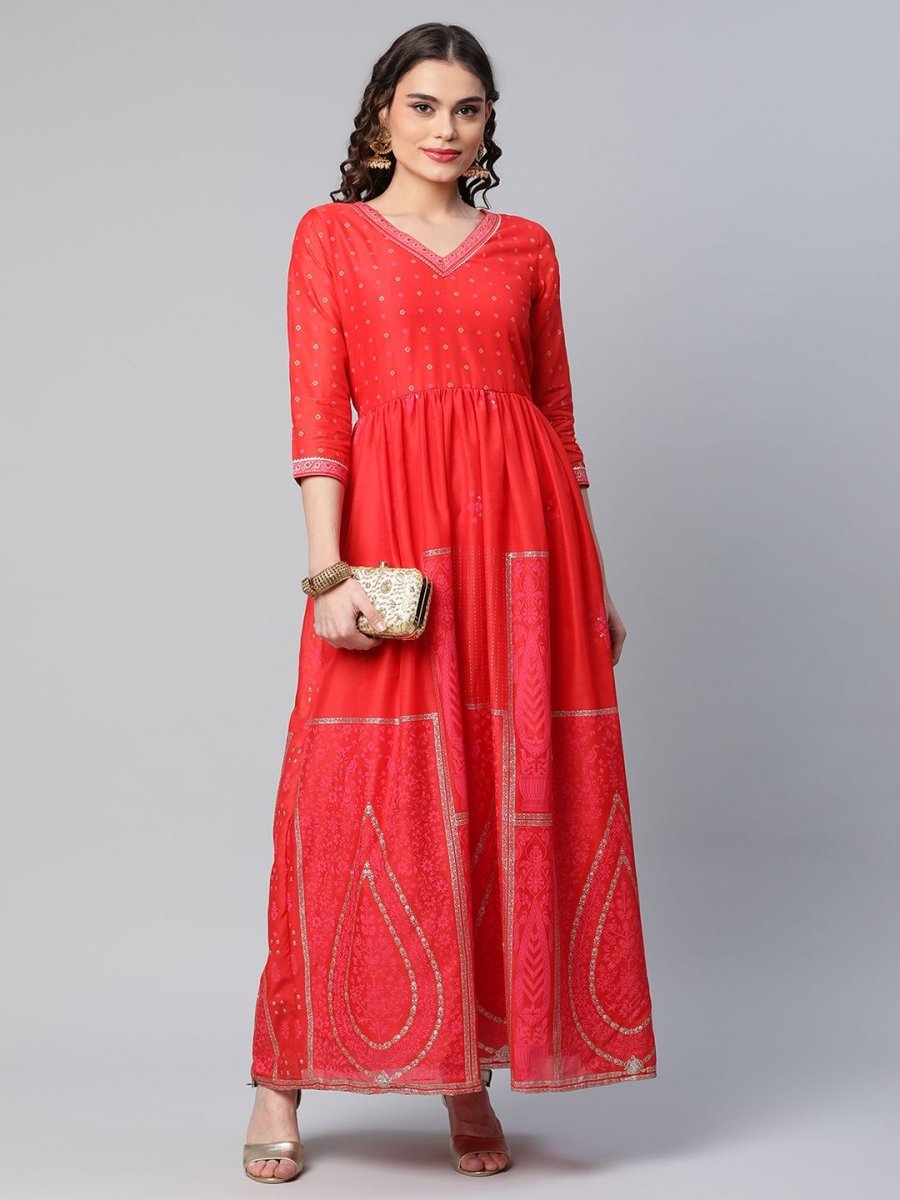 Ahalyaa Women Red Chanderi Khari Printed Dress - Distacart
