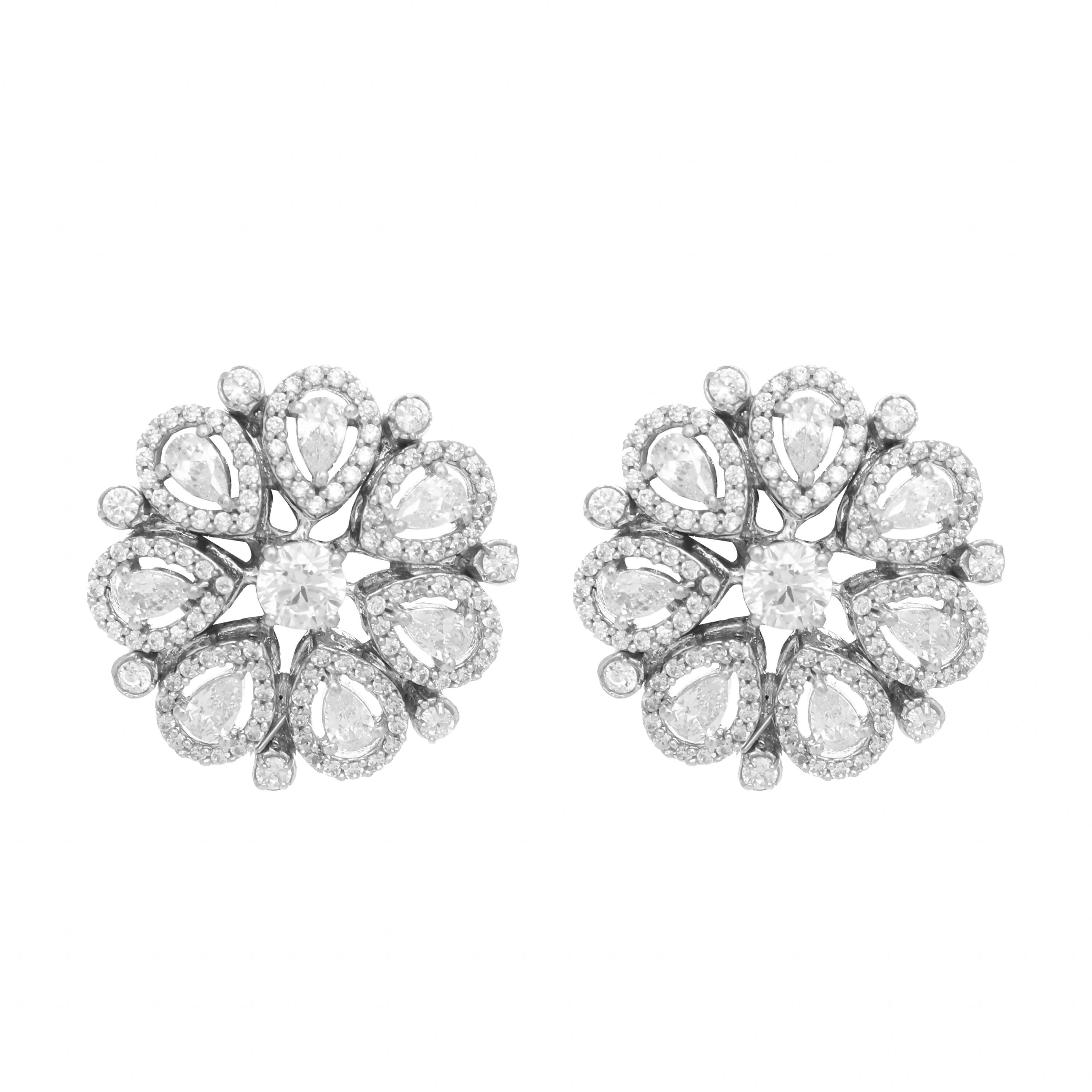 Nuyug Rhodium-Plated Zircon Studded Floral Statement Stud Earrings