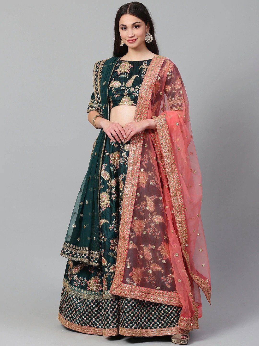 Tulsi Art Green Semi-Stitched Myntra Lehenga & Unstitched Blouse With 2 Dupattas - Dista