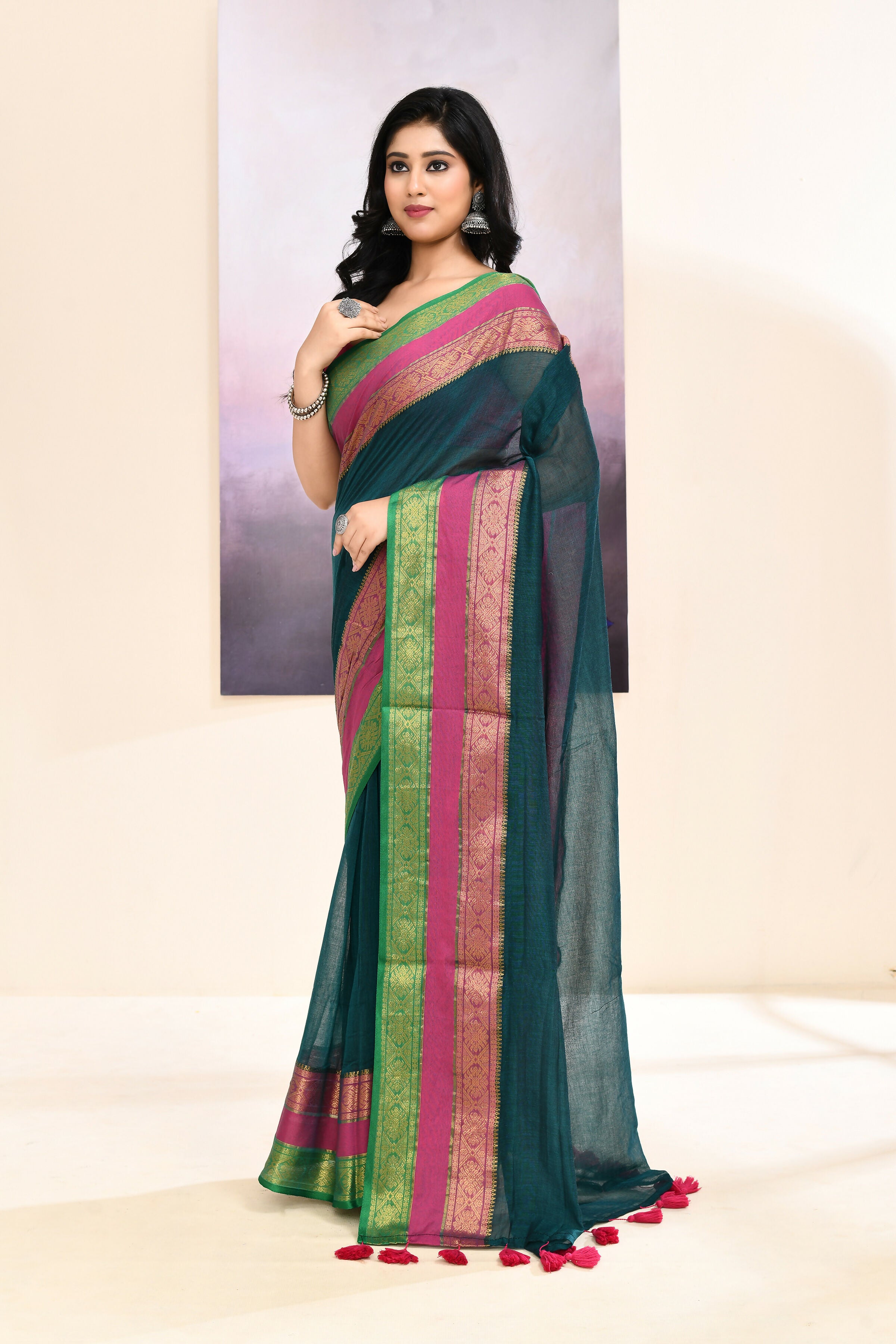 Piyari Fashion Women's Teal Embellished Zari Border Cotton Saree - Dista