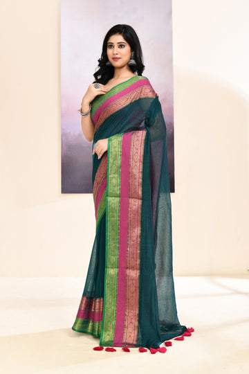 Piyari Fashion Women's Teal Embellished Zari Border Cotton Saree - Dista