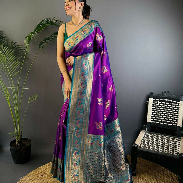 Joban Fashion Banarasi Magenta Woven Soft Silk Saree