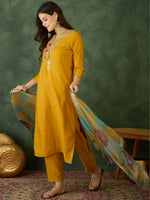 Thumbnail for The52 Mustard Women's Beautiful Rayon Fabric Embroidered Work Straight Kurta, Pant and Dupatta Set - Distacart