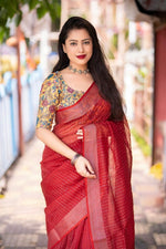 Thumbnail for Red Linen Sequence Saree with Unstitched Blouse - Hiral Fashion - Distacart