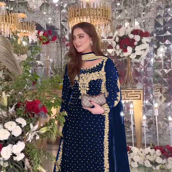 Joban Fashion Blue Velvet Sequence Embroidery Work Kurta Set