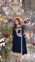 Thumbnail for Joban Fashion Blue Velvet Sequence Embroidery Work Kurta Set