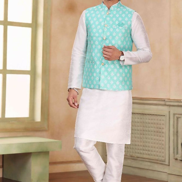Raivat Ethnic Jacquard Banarasi Silk Woven Work 3 Pics Jacket Set In Sky Blue Colour - Distacart