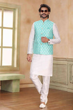 Thumbnail for Raivat Ethnic Jacquard Banarasi Silk Woven Work 3 Pics Jacket Set In Sky Blue Colour - Distacart