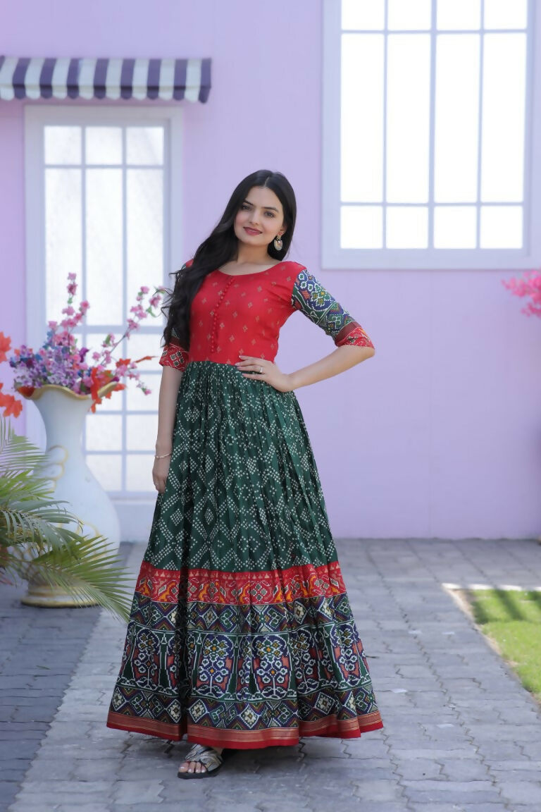 Jyoti Fashion Women's Bottle Green Patola with Foil Print Dola Silk Anarkali Dress - Distacart