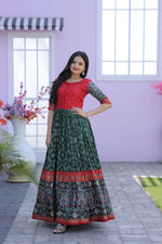 Thumbnail for Jyoti Fashion Women's Bottle Green Patola with Foil Print Dola Silk Anarkali Dress - Distacart
