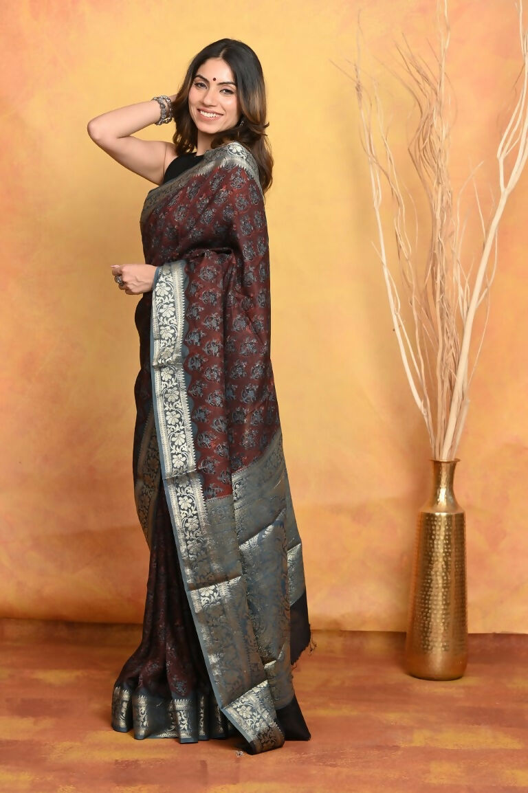 Very Much Indian Modal Silk Ajrakh Handblock Printed Natural Dyes With Designer Border Saree - Dark Maroon - Distacart
