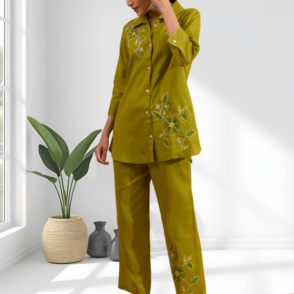 Joban Fashion Green Cotton, Linen Embroidered Readymade Cord Set - Distacart
