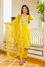 Thumbnail for The52 Yellow Women's Beautiful Embroidered Viscose Shimmer Fabric with Straight Kurta, Pant and Dupatta Set - Distacart