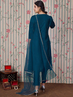 Thumbnail for Ode by House of Pataudi Blue Ethnic Motifs Embroidered Zari Kurta With Trousers & Dupatta - Distacart