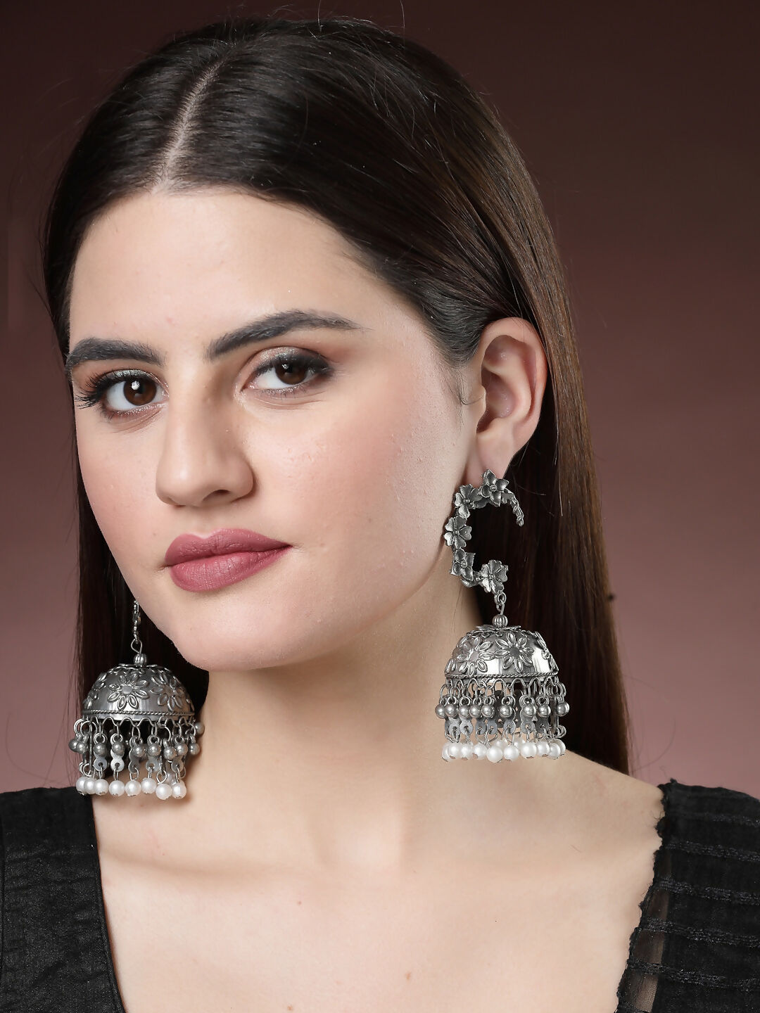 NVR Women's Silver Plated Pearl Beaded Oxidised Contemporary Jhumka Earrings - Distacart