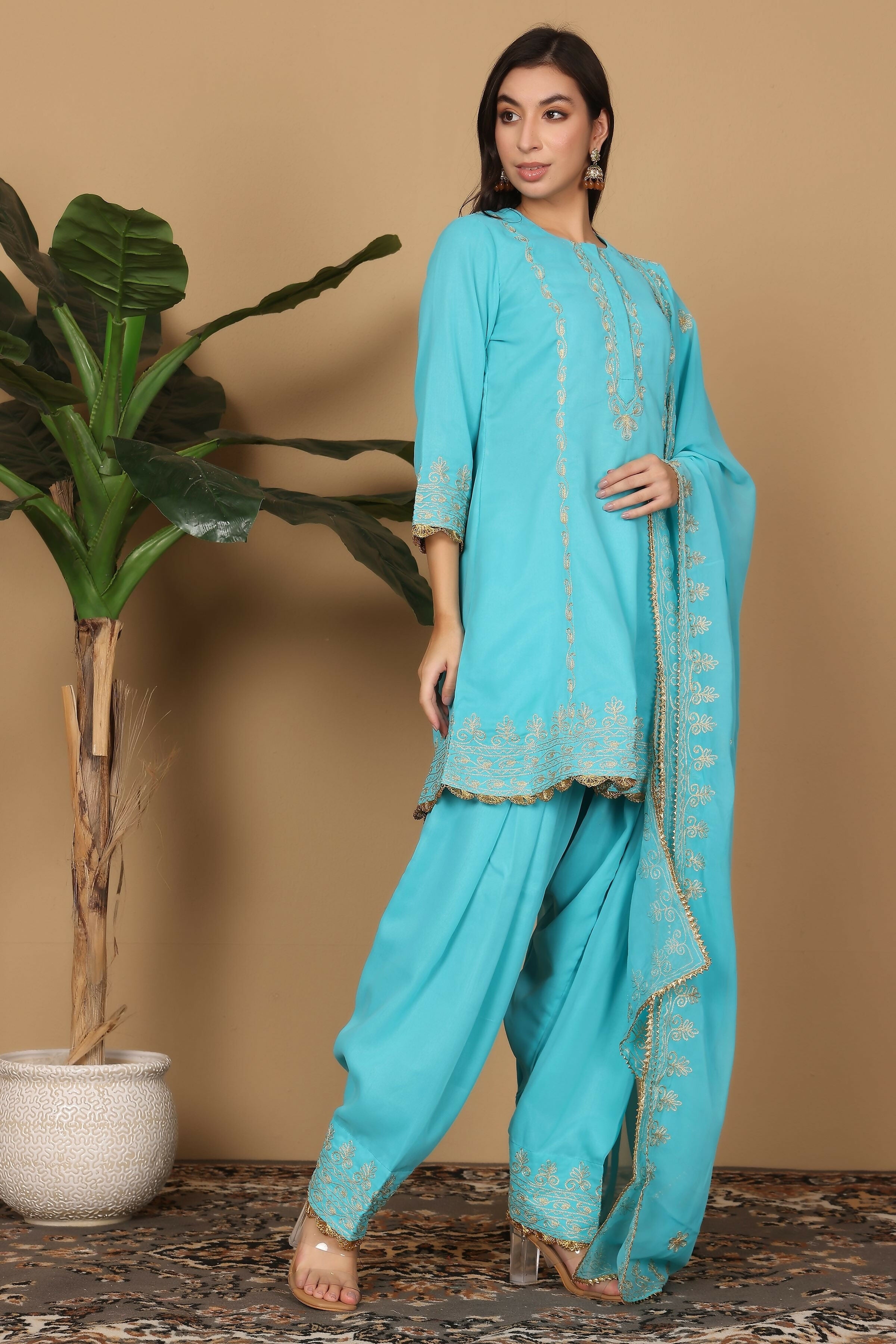 Joban Fashion Turquoise Georgette Kurta Set