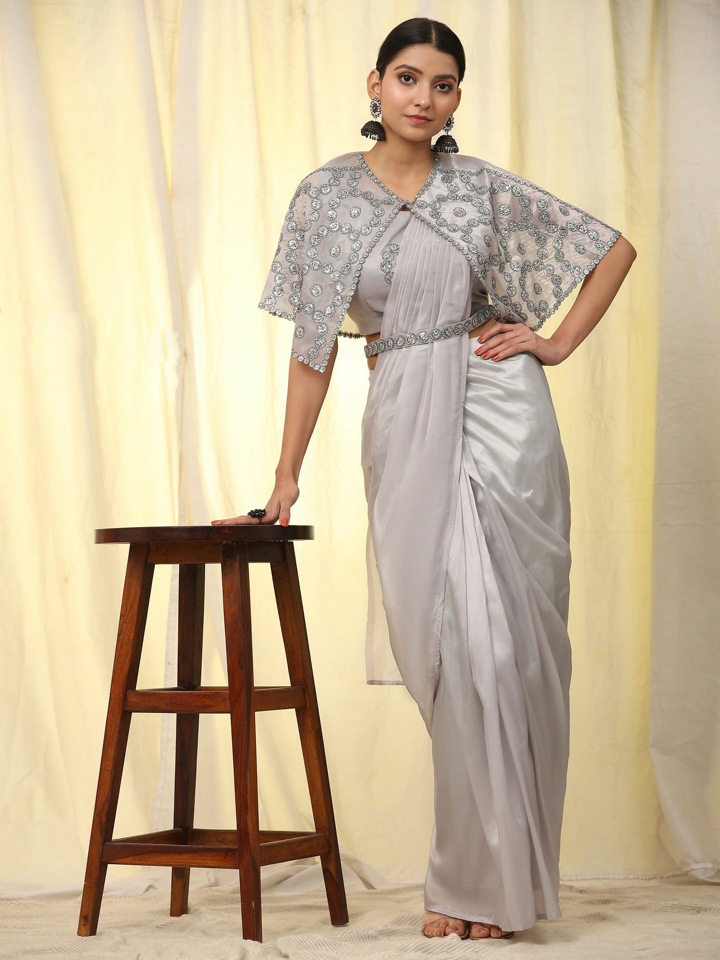 Grey Satin Solid Ready to wear Saree with stitched Blouse - Vanita - Distacart