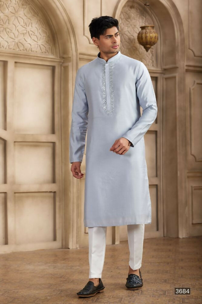 Raivat Ethnic Banarasi Art Silk Mirror Work Kurta Pajama In Sky Blue Colour