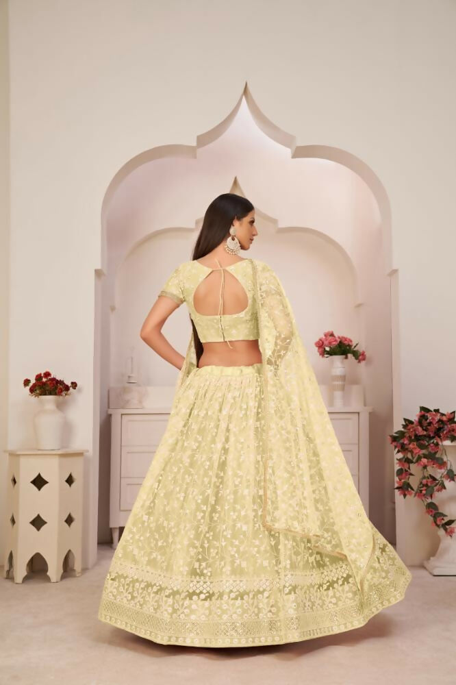 Aastha Fashion Lemon Yellow Butterfly Net White Cotton Thread Work, Zari Work And Sandwich Sequence Work Embroidery Wedding Wear Lehenga Choli - Distacart