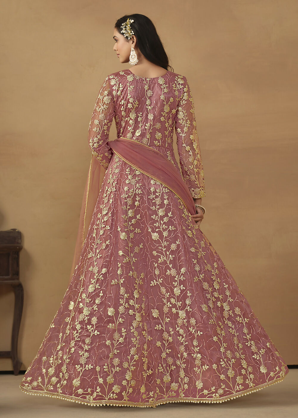 Pant Style Coral Pink Embroidered Net Wedding Anarkali Suit - Emponline - Distacart