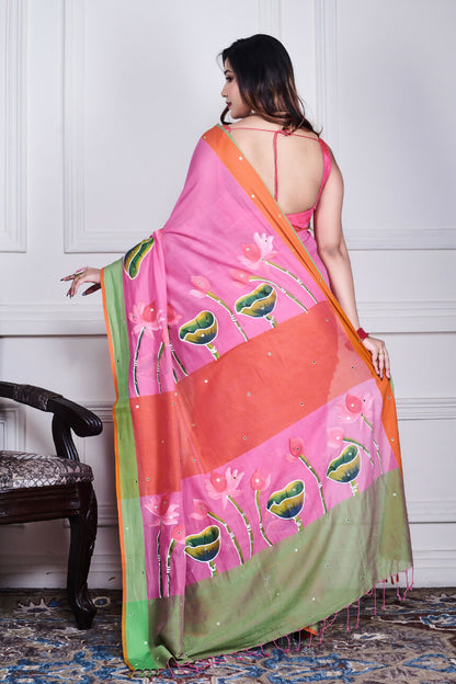 Morchari Multicolour Cotton Handloom Mirror Work Saree Unstitched Blouse - Distacart