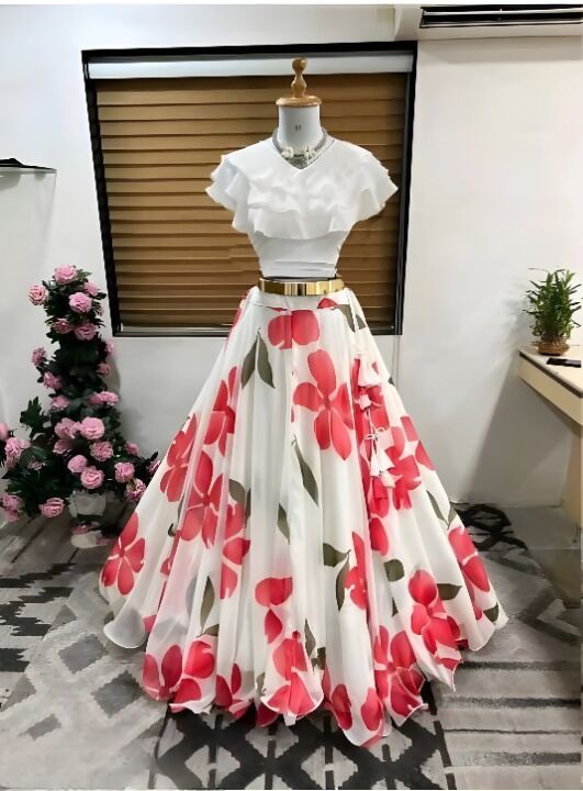 Dishitha Creation Floral Printed Stitched Lehenga & Crop Top - White & White - Distacart