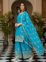 Thumbnail for Teeya Creation Sky Chinon Silk Designer Wedding Wear Embroidery Work Palazzo - Distacart