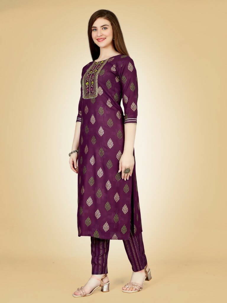 Aastha Fashion Women's Wine Viscose Rayon Embroidered Kurta Pant Set - Distacart