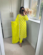 Thumbnail for Preksha Creation Indian Festival Special Women Faux Georgette Sequence Embroidered Work Top And Pant With Dupatta - Yellow - Distacart