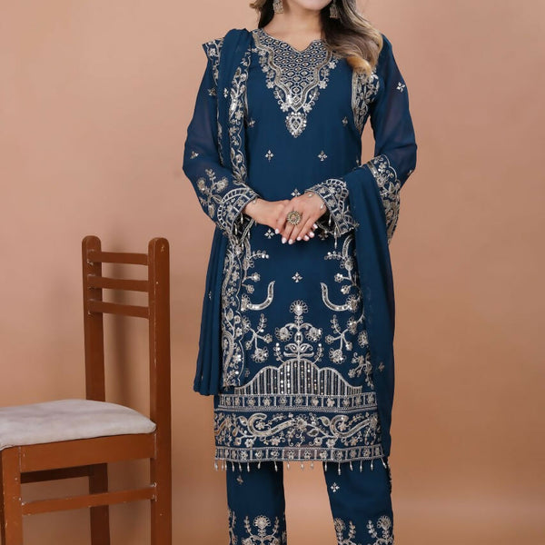 Teeya Creation Blue Faux Georgette Embroidery Work Salwar Suit - Distacart
