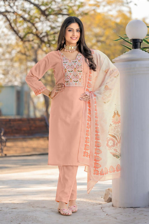 Preksha Creation Multi Color Wedding Special Women Cotton Embroidered Kurti With Dupatta And Pant