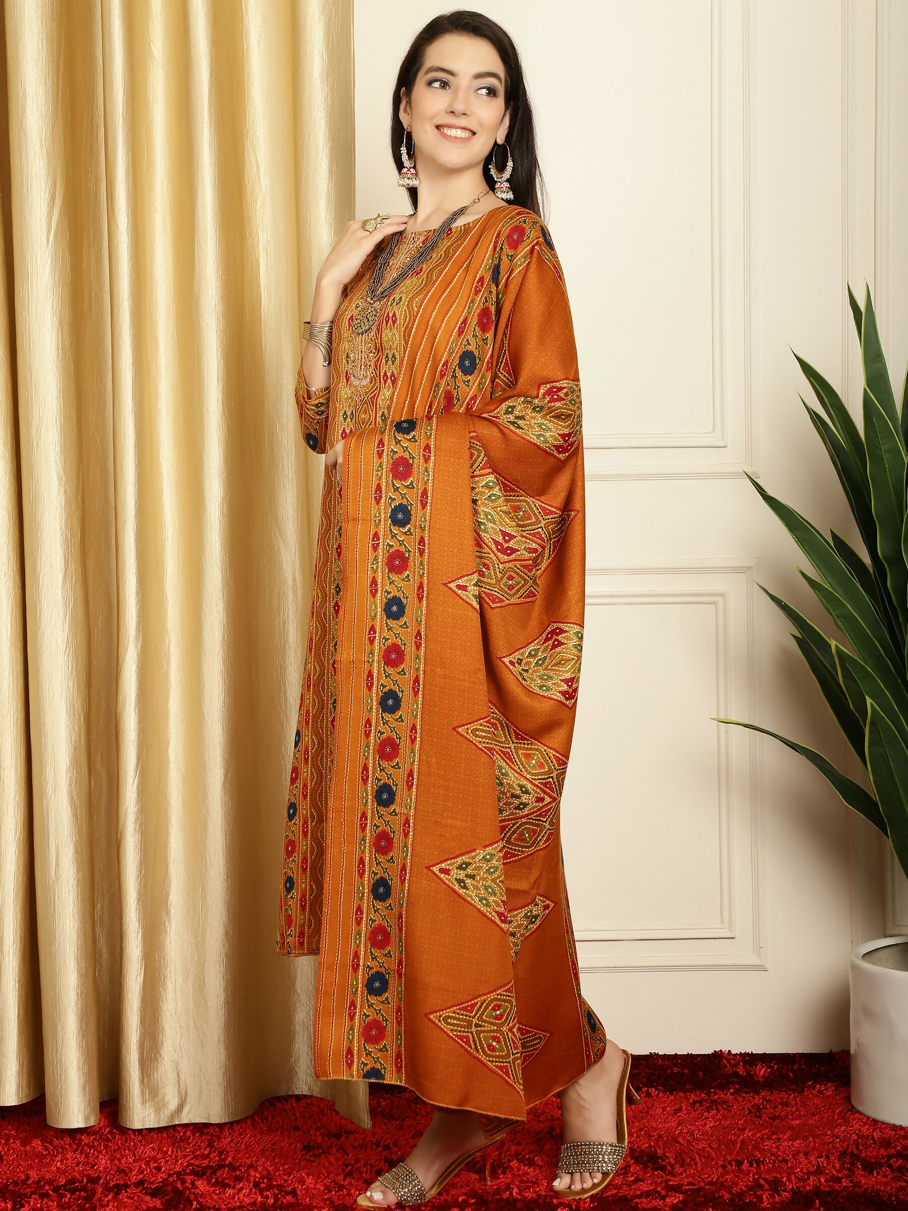 Jyoti Fashion Women's Mustard Pashmina Floral Digital Printed Kurta with Trouser & Dupatta - Distacart