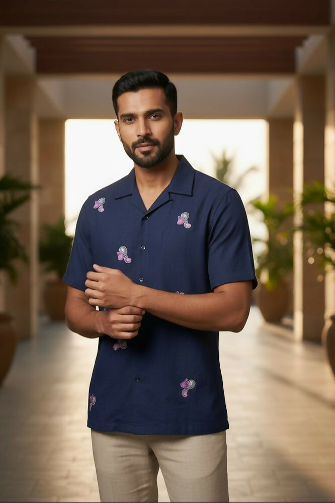 Aureole — Blue Embroidered Cotton Shirt by Hilo Design - Dista