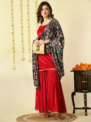 Myshka Women's Pink Velvet Kurti & Sharara With Dupatta Party Sets - Distacart