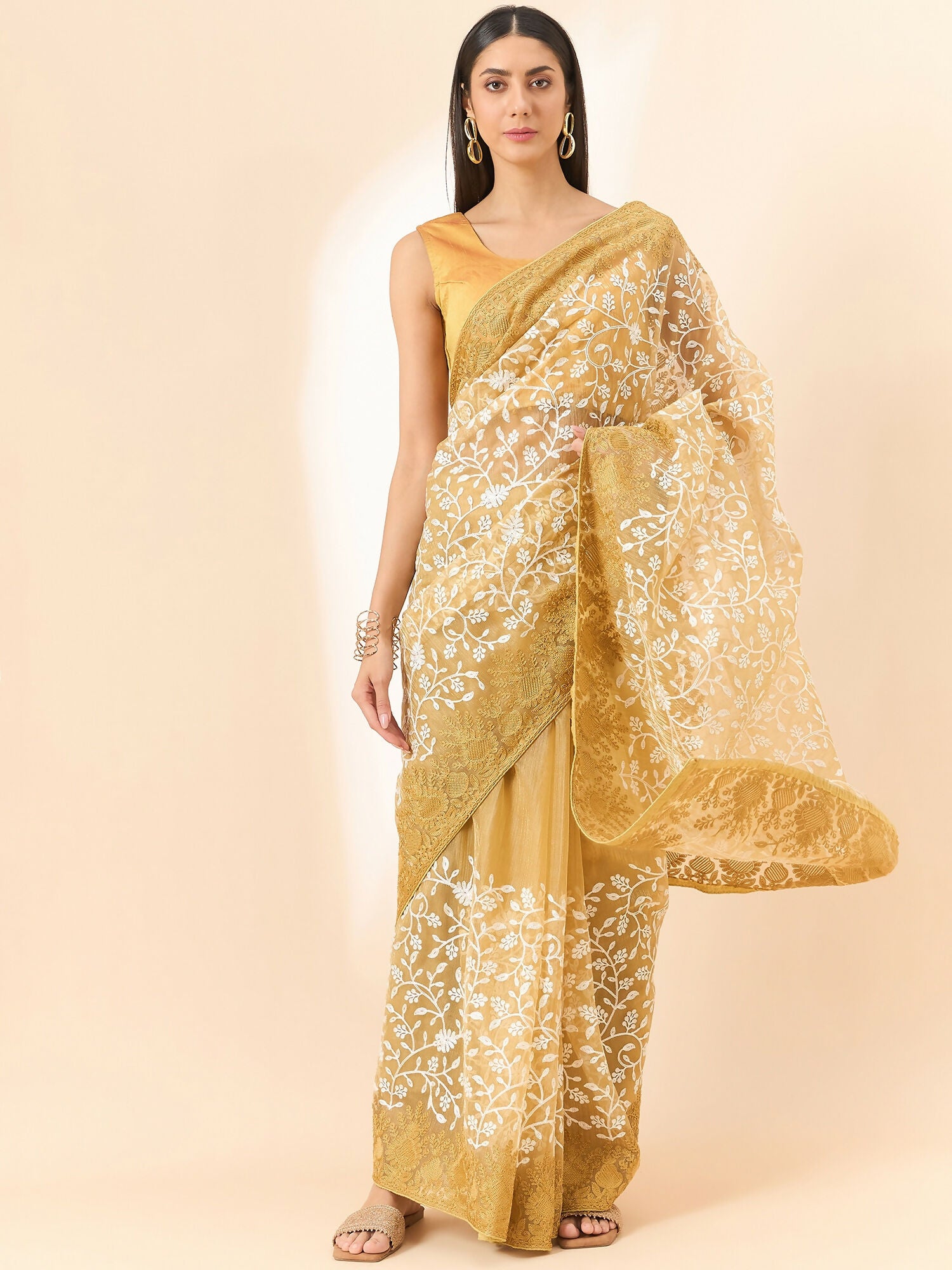 Beige Organza Floral Embroidered Saree with Unstitched Blouse Piece - Roozal - Distacart