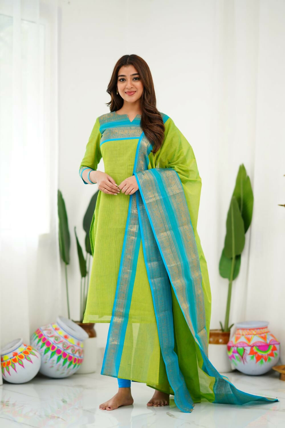 Divine Drape Women's Cotton Printed Straight Kurta With Dupatta - Light Green