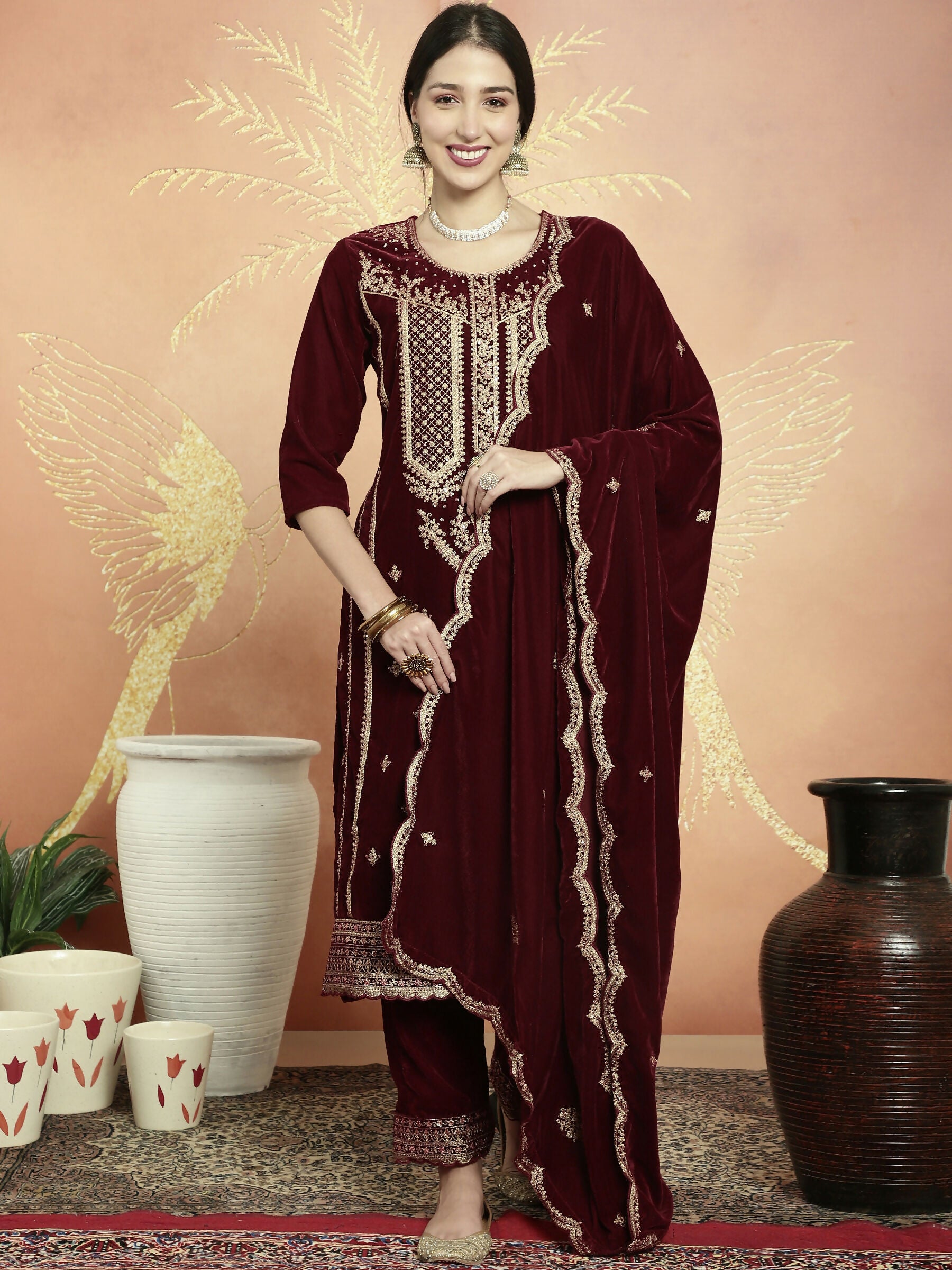 Jyoti Fashion Women's Maroon Velvet Cording with Resham Thread & Sequin Kurta with Trouser & Dupatta - Distacart