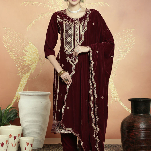 Jyoti Fashion Women's Maroon Velvet Cording with Resham Thread & Sequin Kurta with Trouser & Dupatta - Distacart