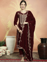 Thumbnail for Jyoti Fashion Women's Maroon Velvet Cording with Resham Thread & Sequin Kurta with Trouser & Dupatta - Distacart