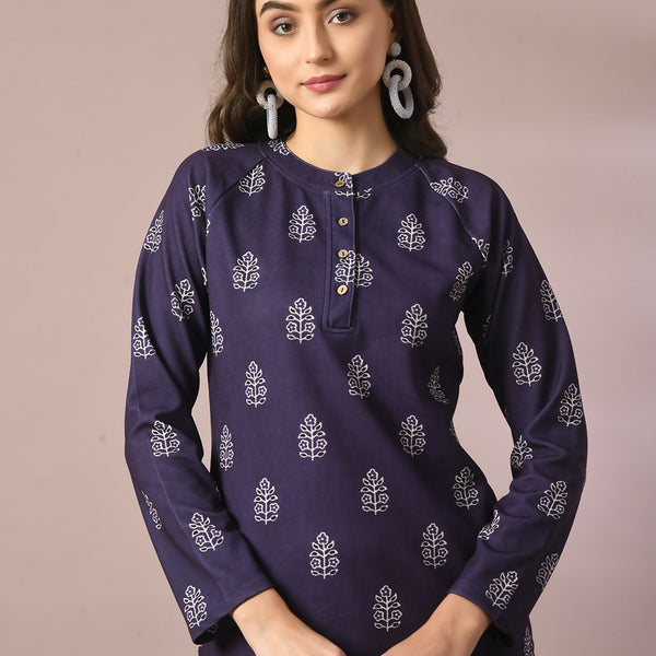Myshka Women's Navy Blue Embellished Raglan Sleeve Party Top - Distacart