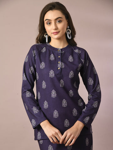 Myshka Women's Navy Blue Embellished Raglan Sleeve Party Top - Distacart