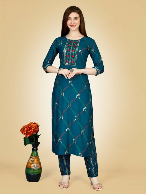 Jyoti Fashion Women's Teal Viscose Rayon Embroidered Kurta Pant Set - Distacart